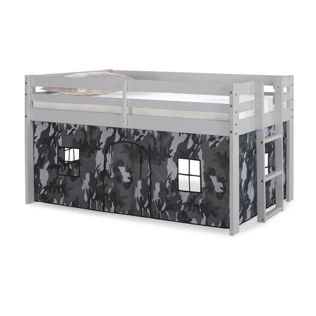 Alaterre Furniture Jasper Twin Junior Loft Bed, Dove Gray Frame and Gray Camouflage Bottom Playhouse Tent