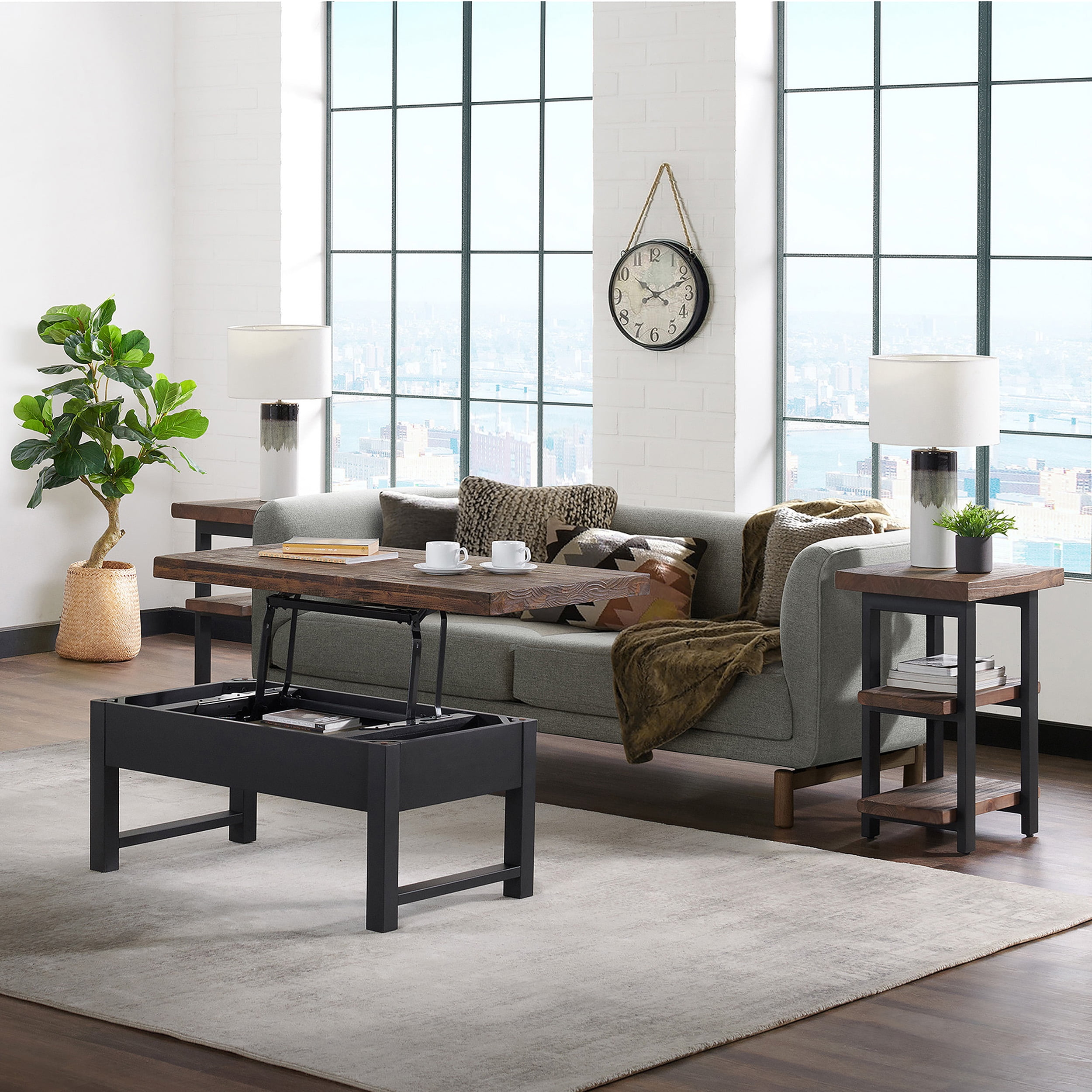 Alaterre Pomona 3-Piece Living Room Set with 42"W Lift Top Coffee Table and Two End Tables with Shelves