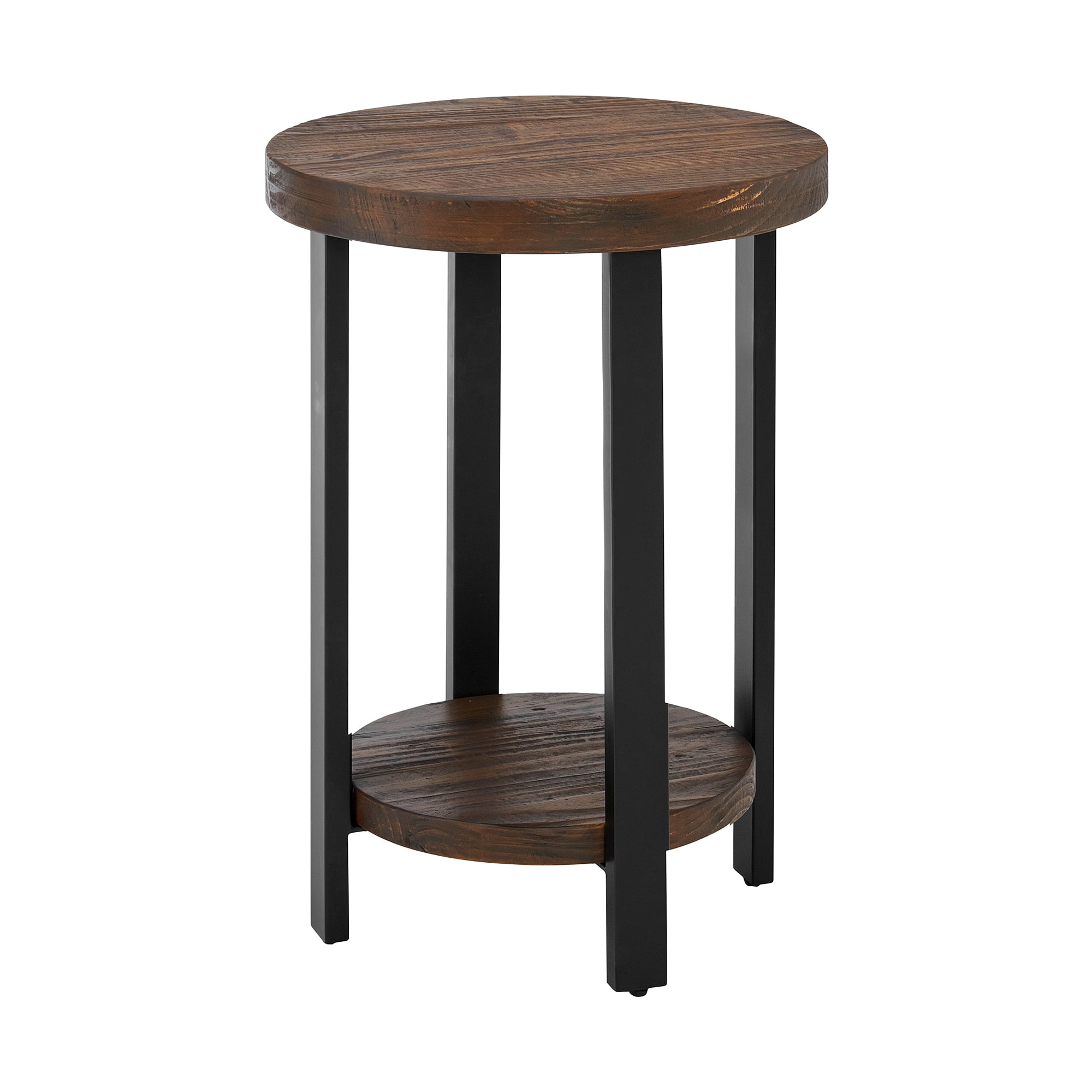 17 Stories Alaterre Pomona Round End Table With Solid Wood Top, Metal Legs, And Dual Shelves For Rustic Living Room Furniture