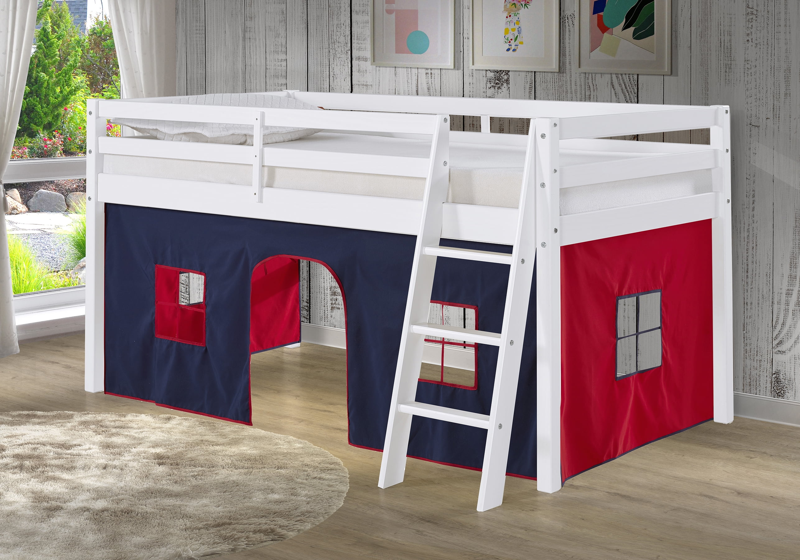 Twin Roxy Junior Kids' Loft Bed with Tent White/Blue/Red - Alaterre Furniture: Low Loft Bed, Toddler Bunk Bed Tent