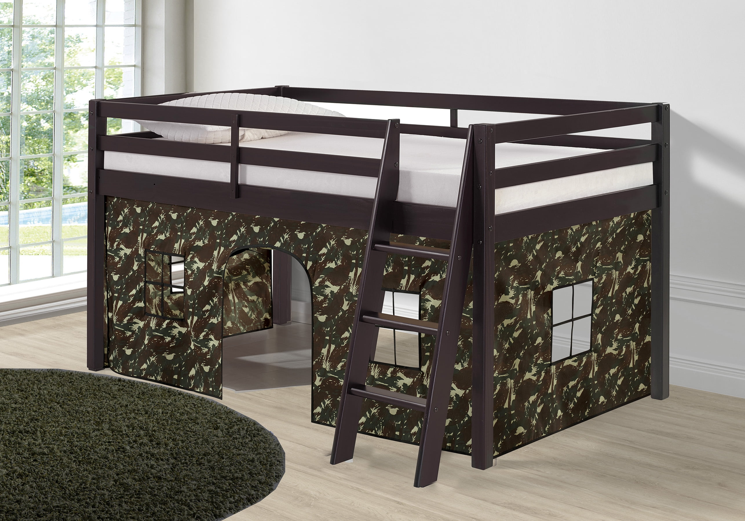 Alaterre Furniture Roxy Junior Loft - Espresso with Green Camo Bottom Tent