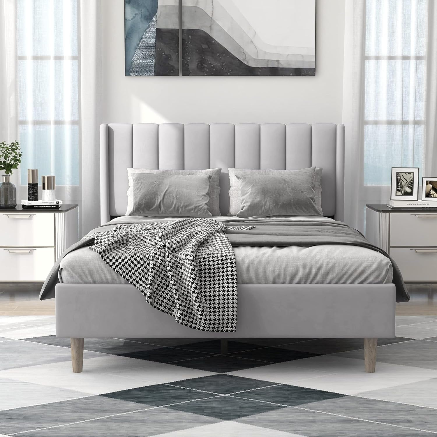 Alazyhome  Upholstered Platform Bed Frame No Light Grey Linen Full