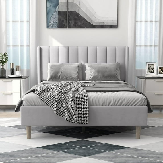 Alazyhome  Upholstered Platform Bed Frame No Light Grey Linen Full