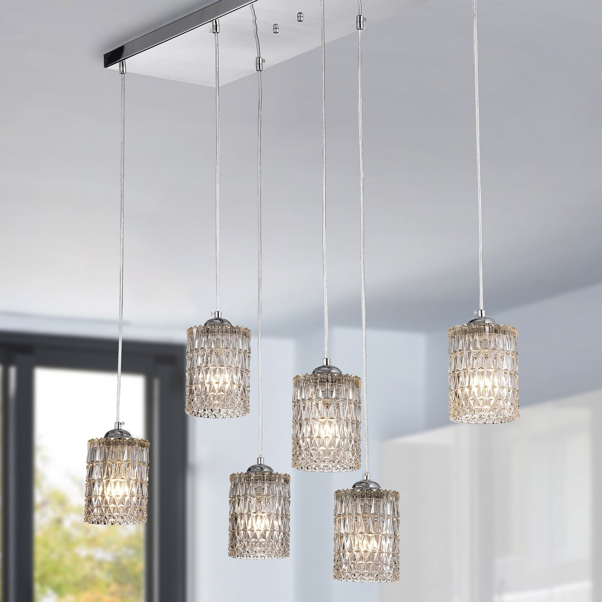 Aldubon Chrome 6-Light Chandelier with Diamond Crystal Shades (Adjustable Height)
