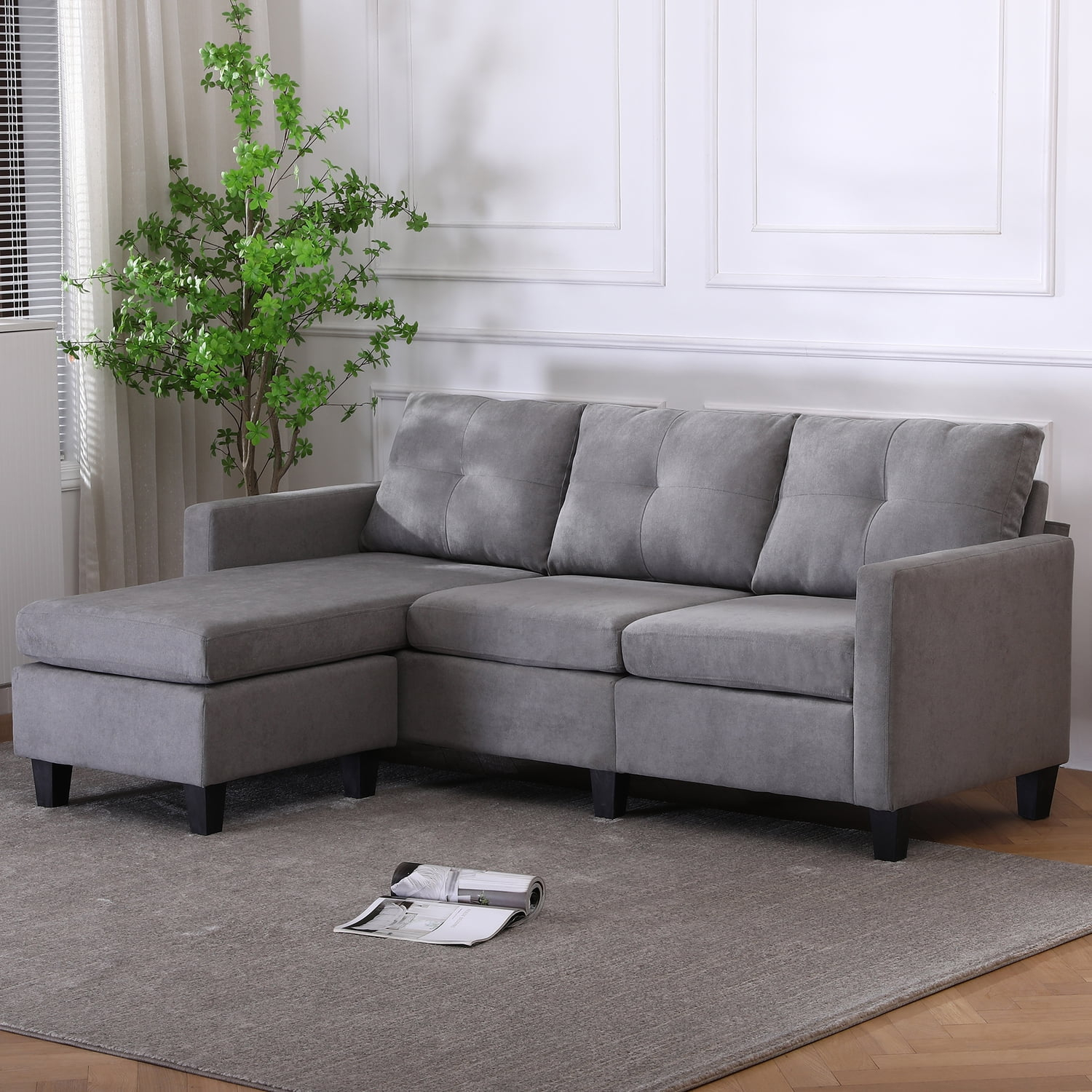 Alexent 75" Modern Fabric Sofa and Chaise Convertible to Ottoman in Gray