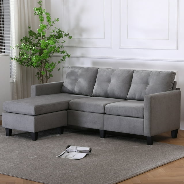 Alexent 75" Modern Fabric Sofa and Chaise Convertible to Ottoman in Gray