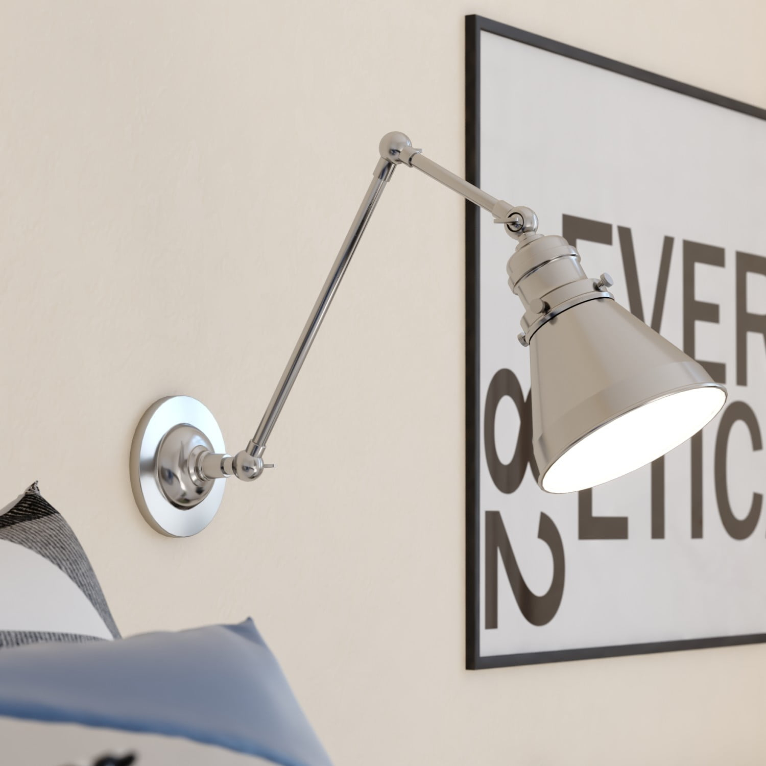 Alexis 6 in W Satin Nickel and Matte White Adjustable Swing Arm Wall Lamp with Metal Shade