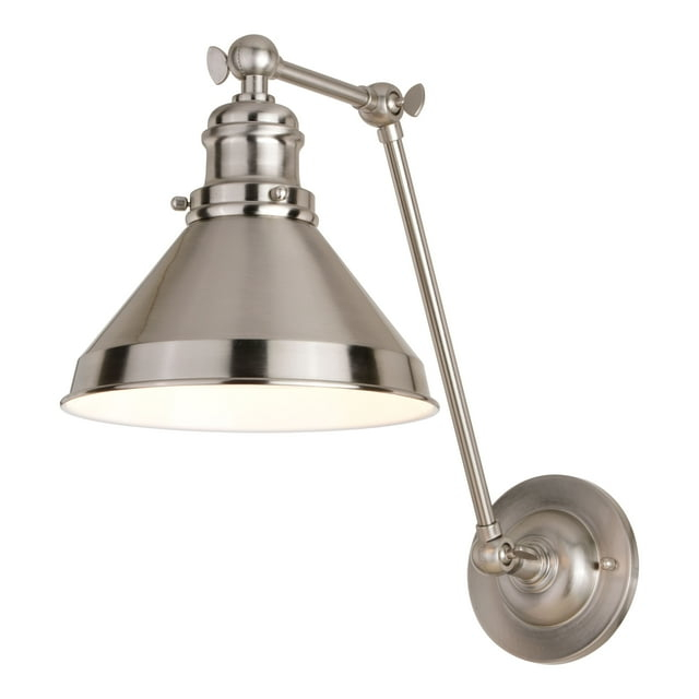 Alexis 8 in W Satin Nickel and Matte White Adjustable Swing Arm Wall Lamp with Metal Shade