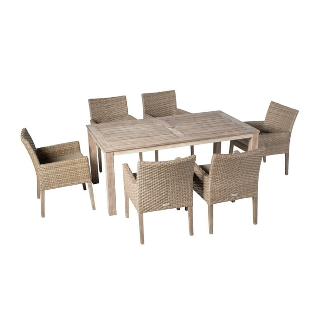 Alfresco Home Cornwall 7Pc Wicker and Wood Patio Dining Set Degas/Vintage Patina