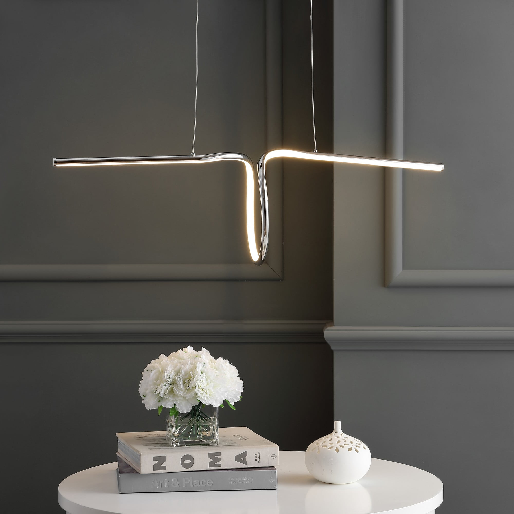 JONATHAN Y Ali 34.5" Dimmable Adjustable Integrated LED Metal Linear Pendant, Chrome