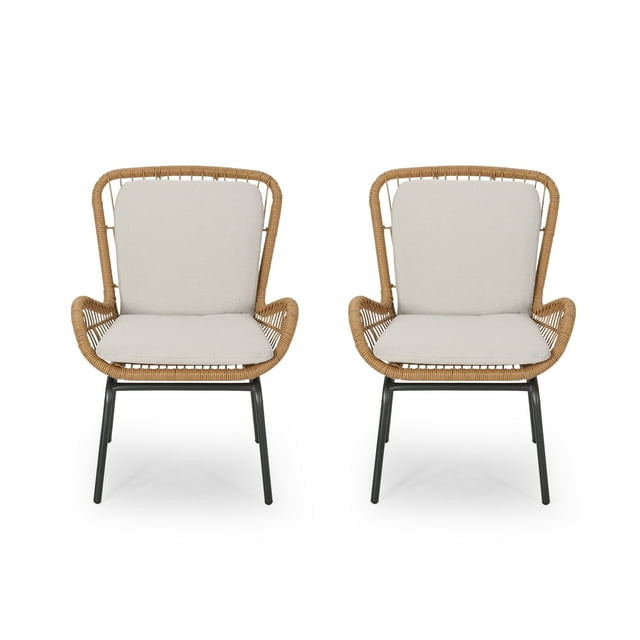 GDF Studio Malden Outdoor Wicker Club Chairs with Cushions, Set of 2, Iron, Beige, and Black