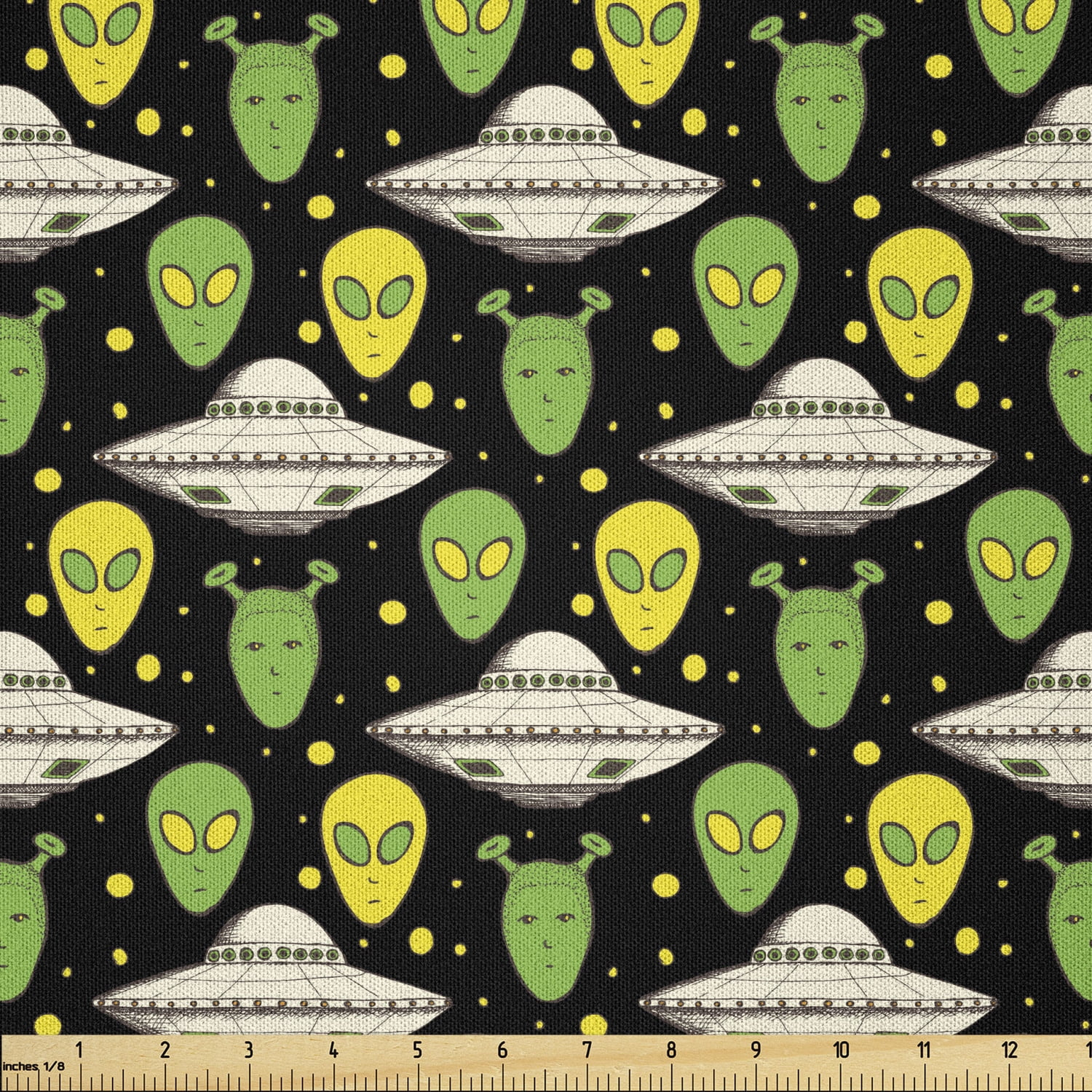 Alien Fabric by The Yard, Sketch Style Portraits Dotted Background Space Crafts Transportation, Microfiber Fabric for Arts and Crafts Textiles & Decor, 1 Yard, Apple Green, by Ambesonne