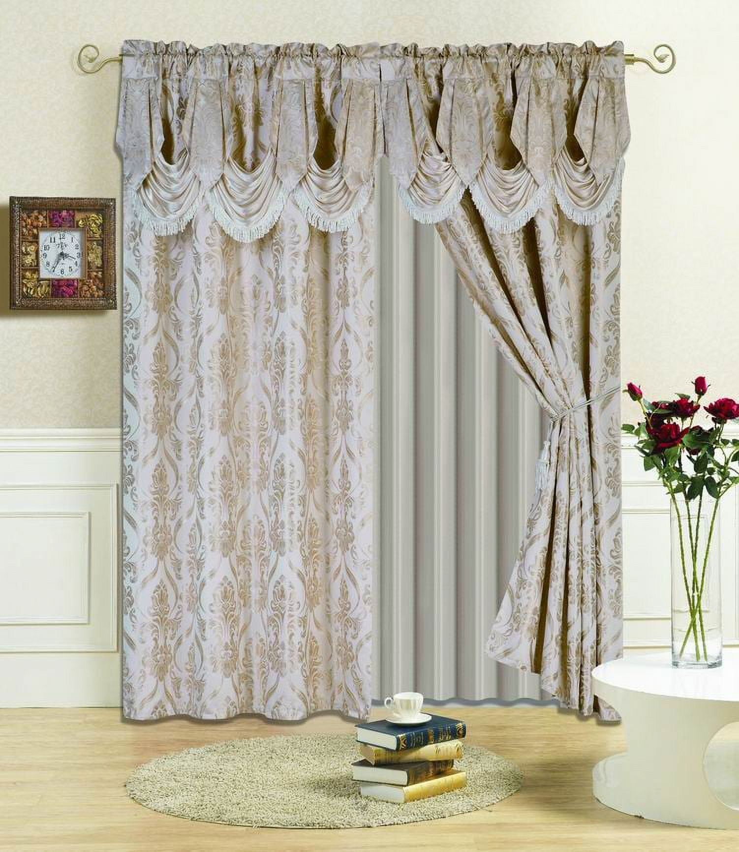 All American Collection New 4 Piece Drape Set with Attached Valance and Sheer with 2 Tie Backs Included