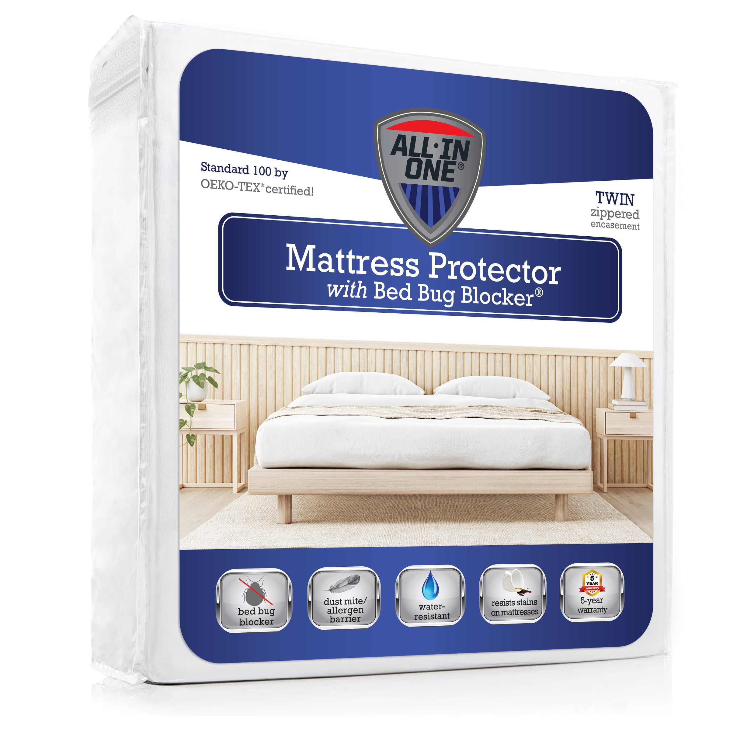 All-in-One Bed Bug Blocker Water Resistant Zippered Mattress Protector, Twin