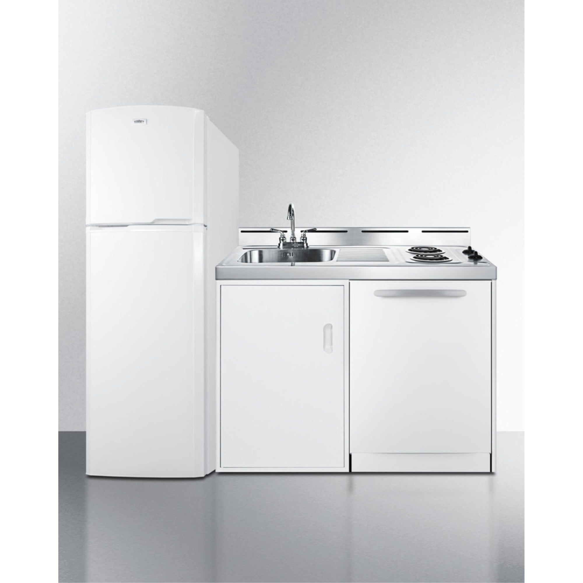 All-in-one combination kitchenette with full-sized refrigerator-freezer, dishwasher, sink, storage cabinet, and 2-burner coil cooktop