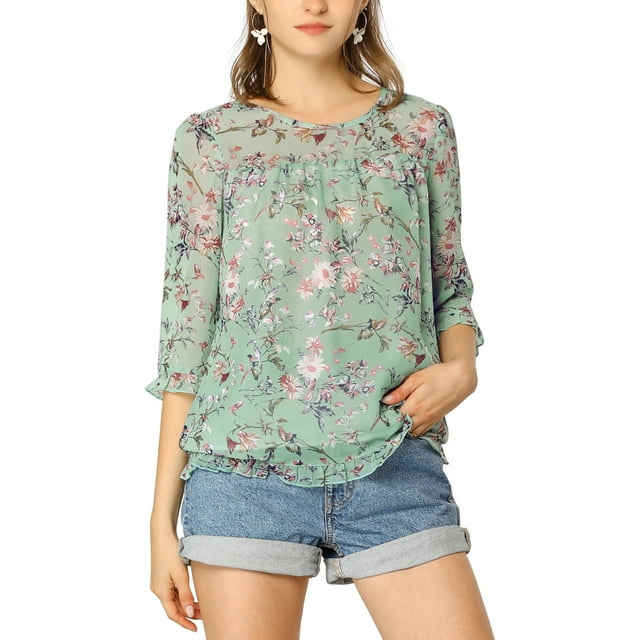 INSPIRE CHIC Women's 3/4 Sleeves Floral Chiffon Ruffle Hem Summer Shirt Blouses Tops XS Green
