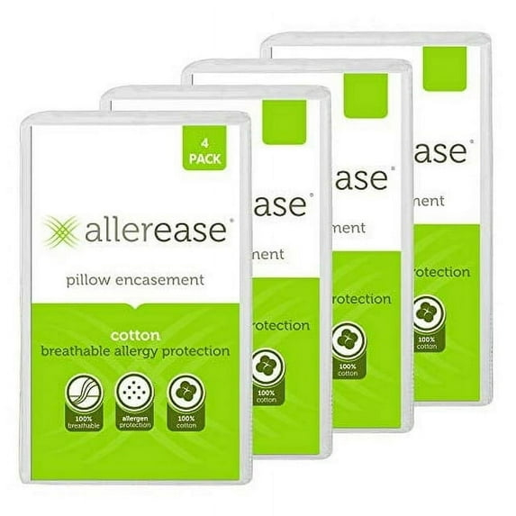 AllerEase 100% Cotton Allergy Protection Pillow Protectors - Hypoallergenic, Zippered, Allergist Recommended, Prevent Collection of Dust Mites and Other Allergens, Standard Sized, 20? x 26? (Set of 4)