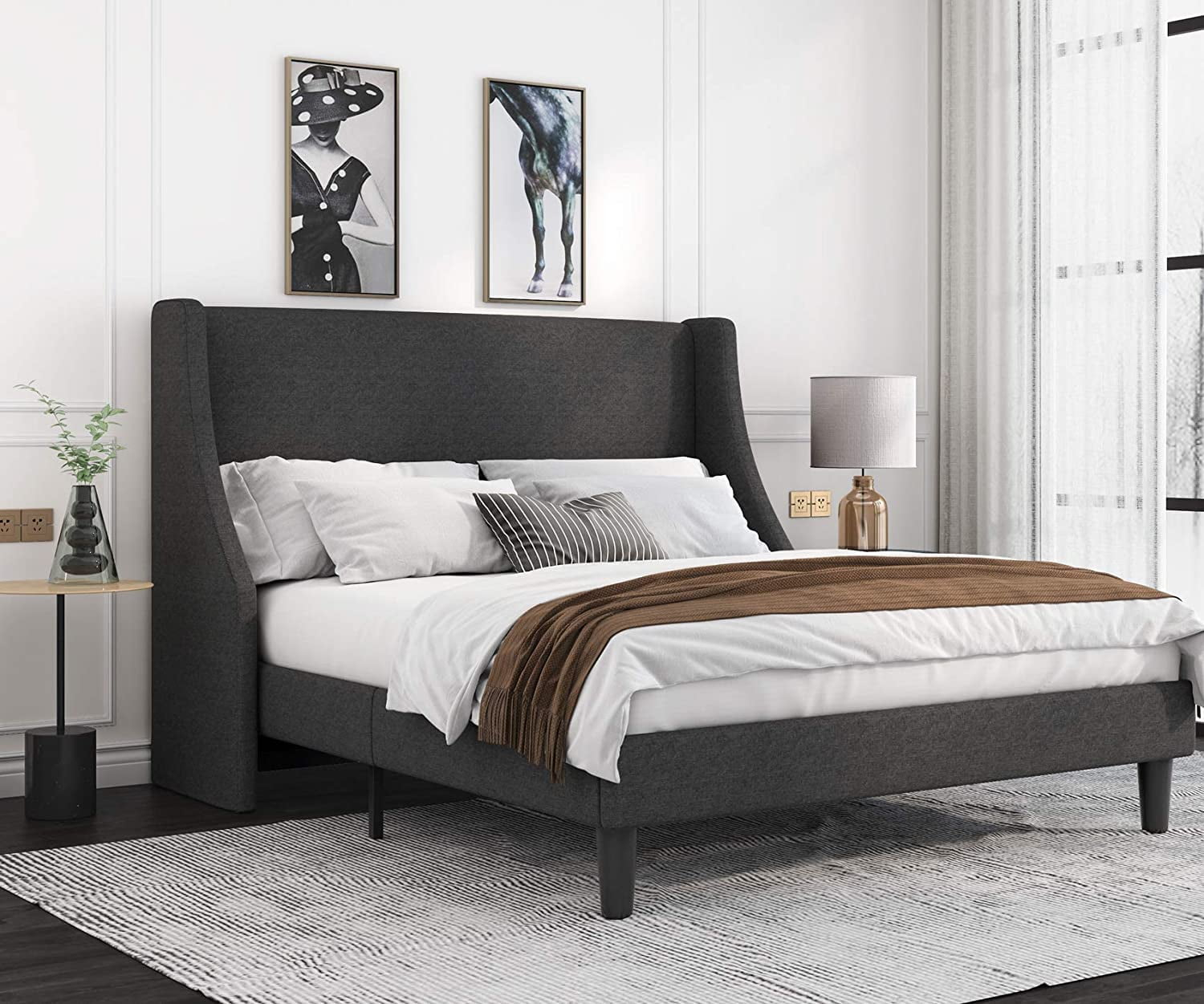 Allewie Base de Cama con Plataforma Tapizada en Tela de Tamaño Full con Cabecera con Respaldo Lateral, Gris Oscuro