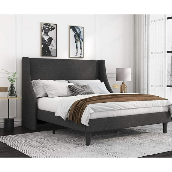 Allewie Base de Cama con Plataforma Tapizada en Tela de Tamaño Full con Cabecera con Respaldo Lateral, Gris Oscuro