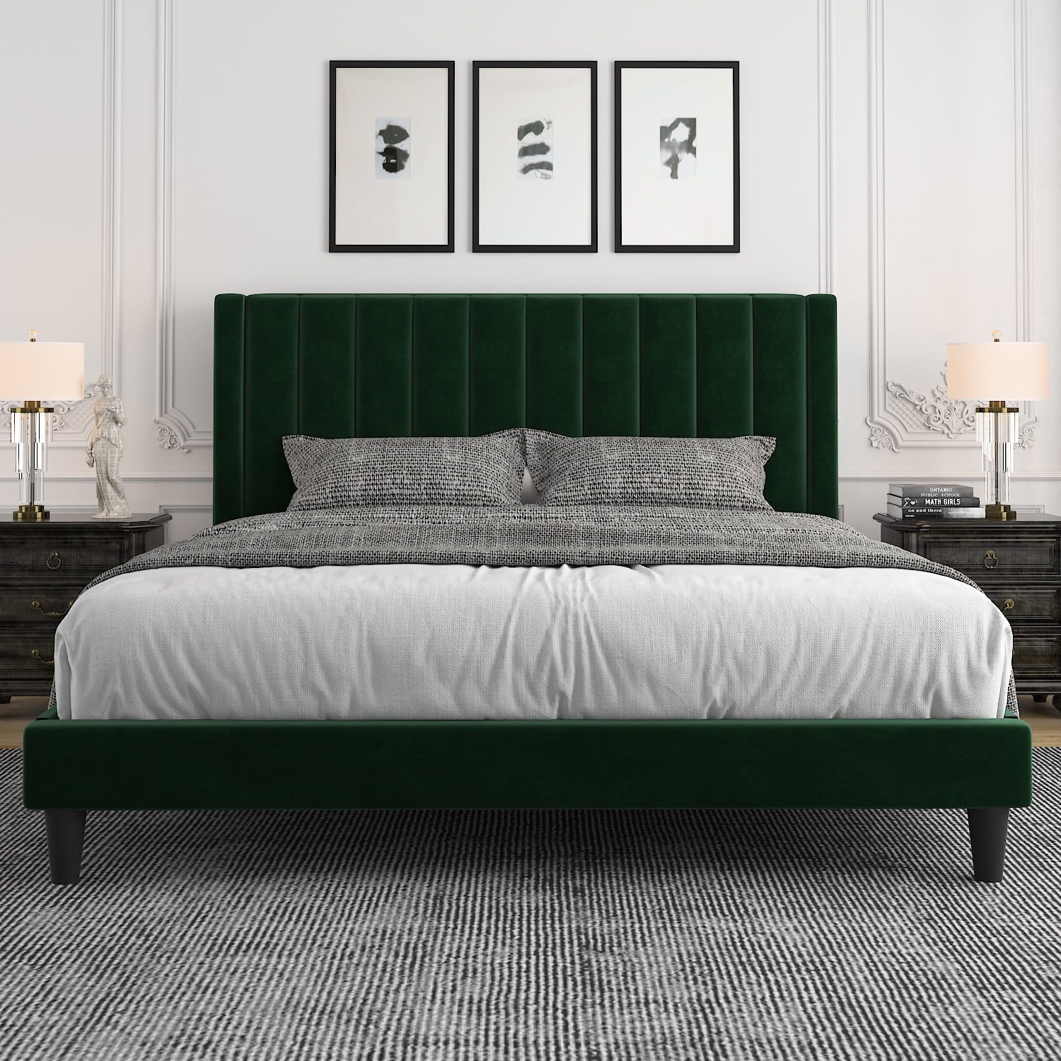 Allewie Queen Velvet Upholstered Bed Frame with Vertical Channel Tufted Headboard, Green