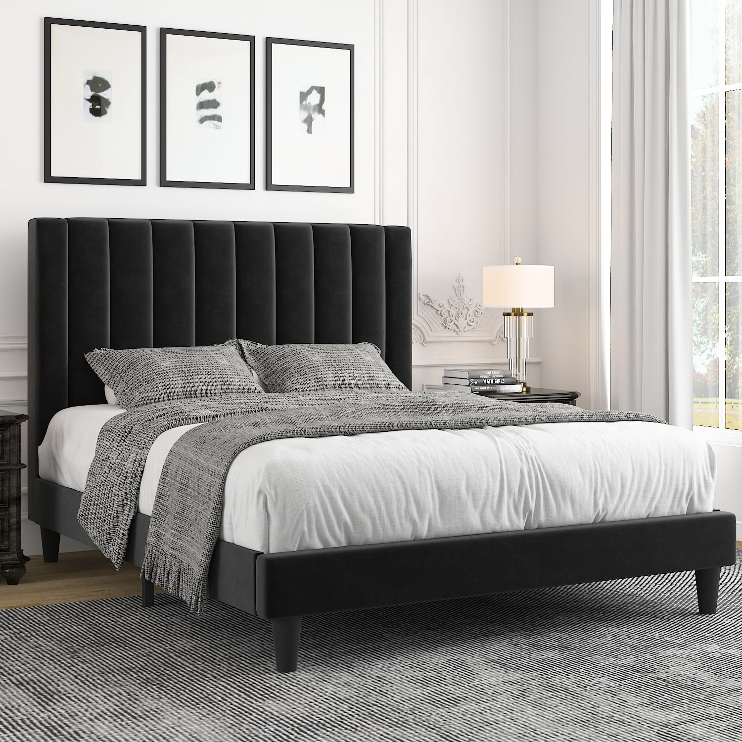 Allewie Queen Velvet Upholstered Bed Frame with Vertical Channel Tufted Headboard, Black