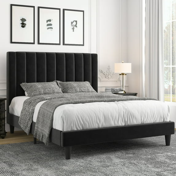 Allewie Queen Velvet Upholstered Bed Frame with Vertical Channel Tufted Headboard, Black