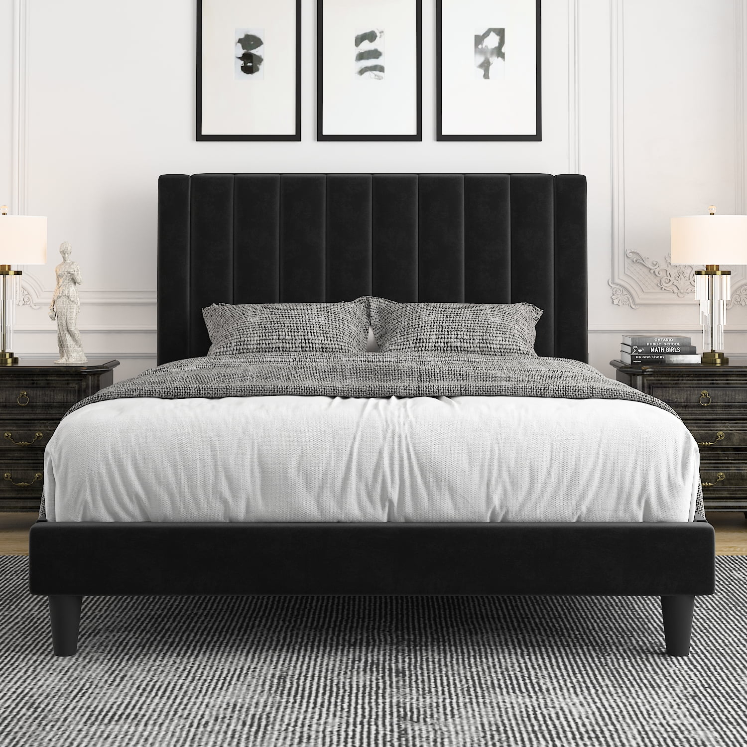 Allewie Queen Velvet Upholstered Bed Frame with Vertical Channel Tufted Headboard, Black
