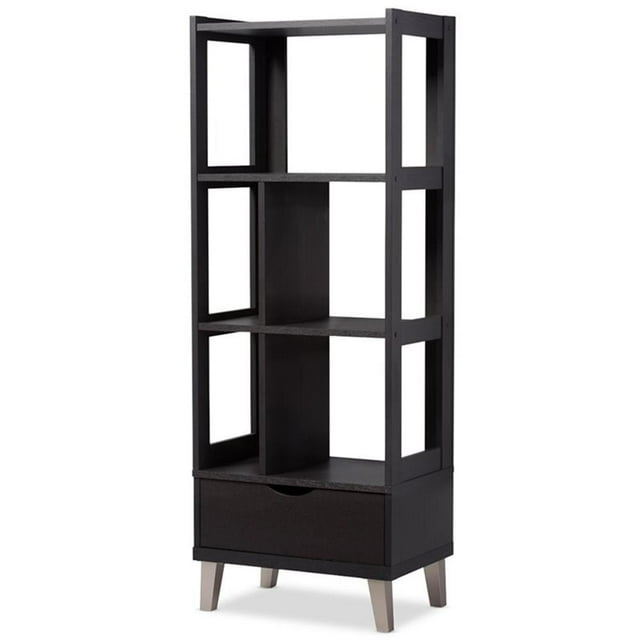 Baxton Studio Kalien Modern and Contemporary Dark Brown Wood Leaning Bookcase with Display Shelves and One Drawer