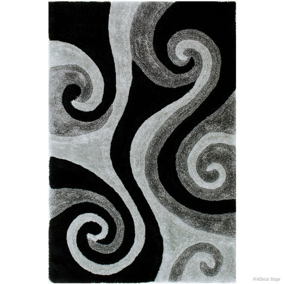 Allstar Alfombra de Área Peluda Gris con Diseño en Espiral Negro 3D. Contemporáneo Formal Capitoné a Mano (5' x 7')