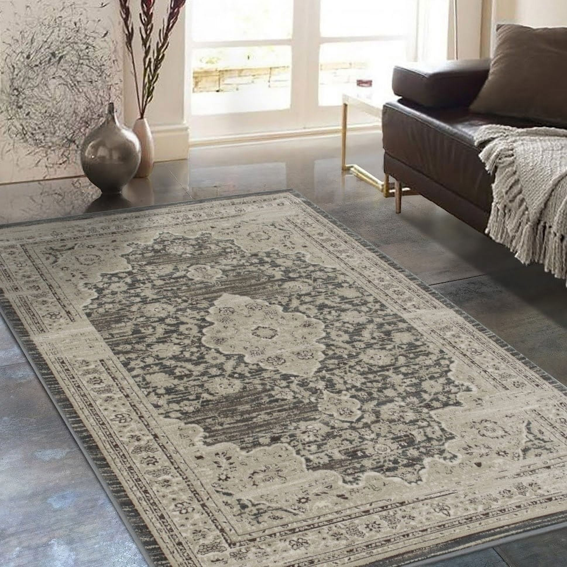 Allstar Rugs  Distressed Grey and Cream Rectangular Accent Area Rug with Ivory Persian Design - 4' 11"x7' 0"