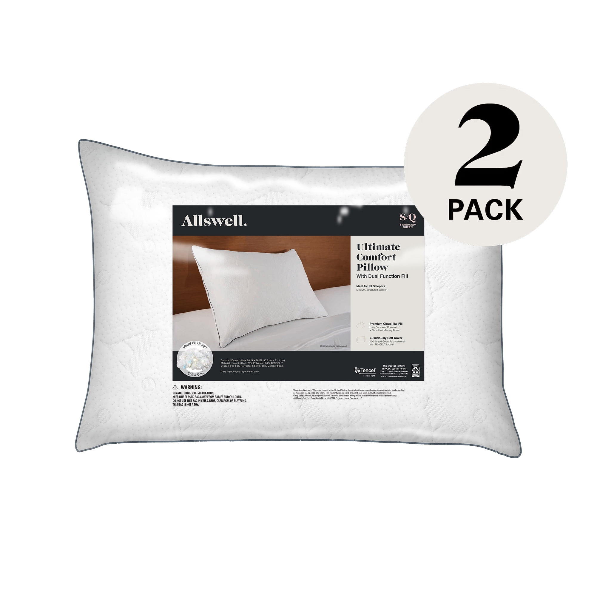 Allswell Ultimate Comfort Bed Pillow, Standard/Queen, 2 Pack