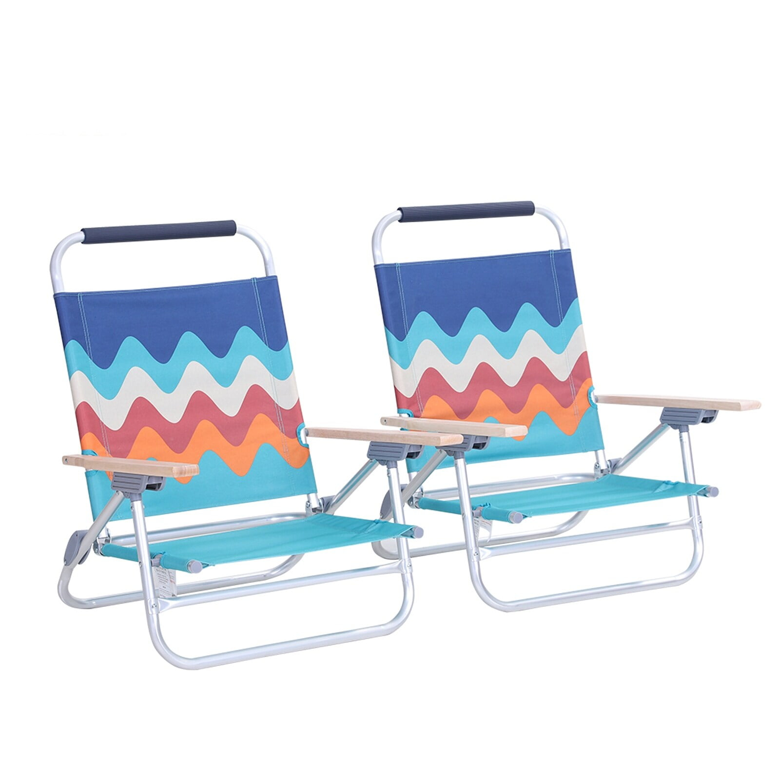 2-Piece Low Folding Adjustable Beach Chairs with Cooler Bag Blue