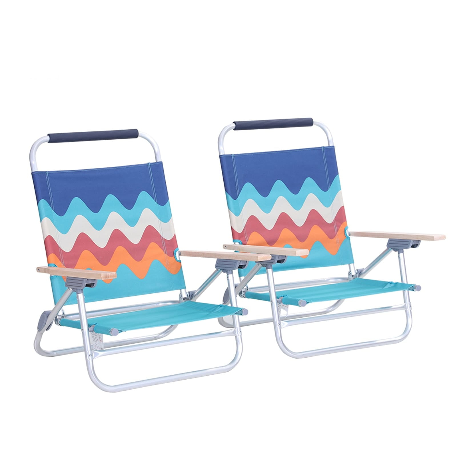 2-Piece Low Folding Adjustable Beach Chairs with Cooler Bag Blue