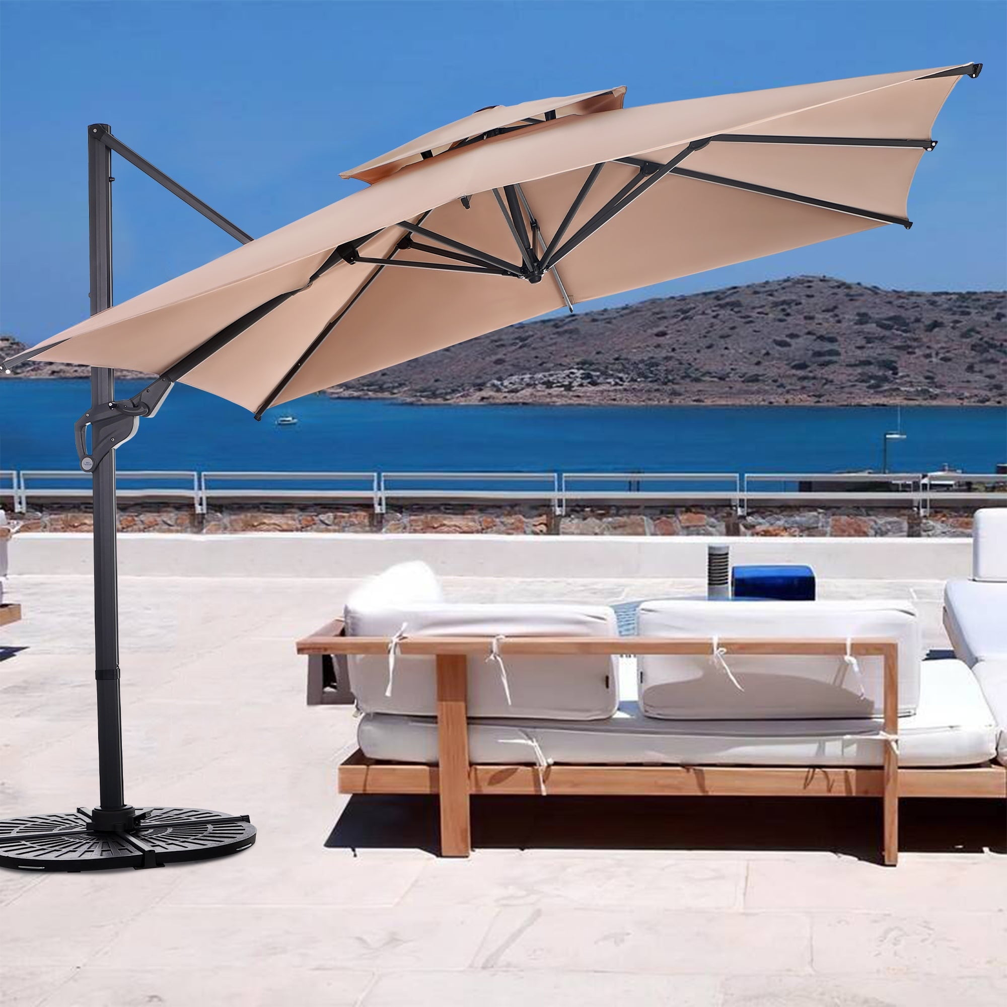 Pellebant Patio Deluxe 10 x 10 ft Tan Outdoor Square Double Top Cantilever Umbrella