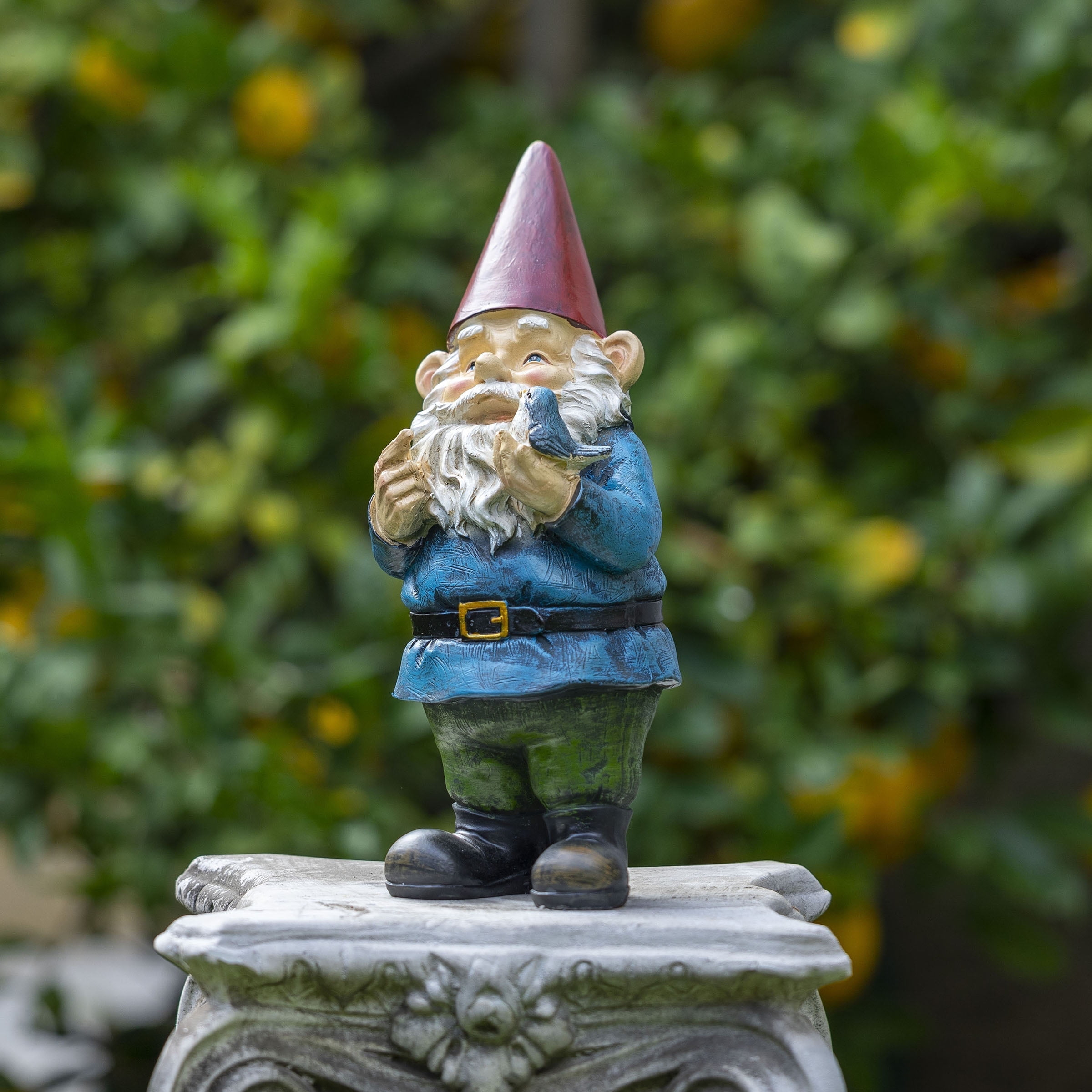 Alpine Corporation 12" Tall Outdoor Garden Gnome with Bird Yard Statue Decoration, Multicolor