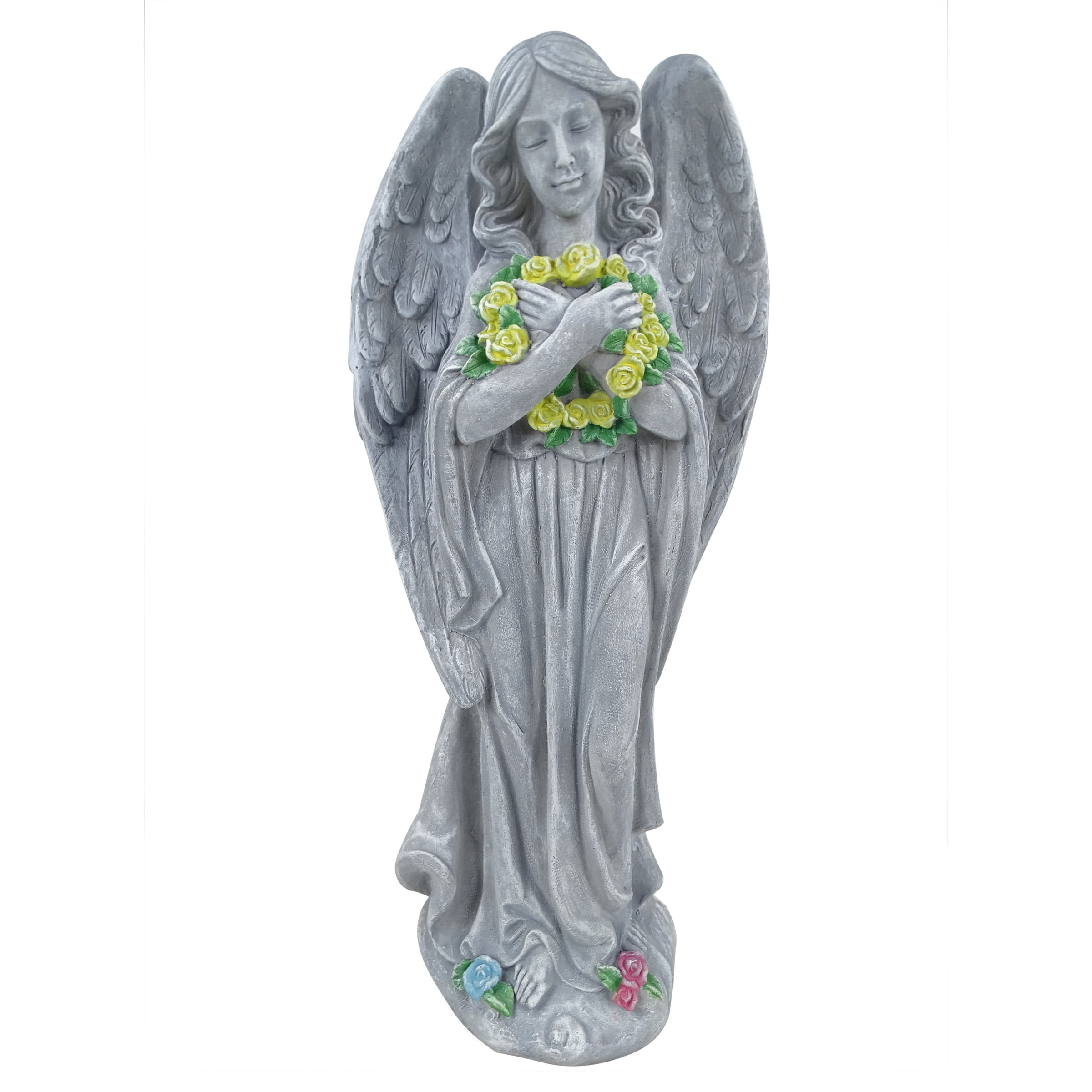 Alpine Corporation 29"H Angel with Yellow Flower Wreath Garden Statue