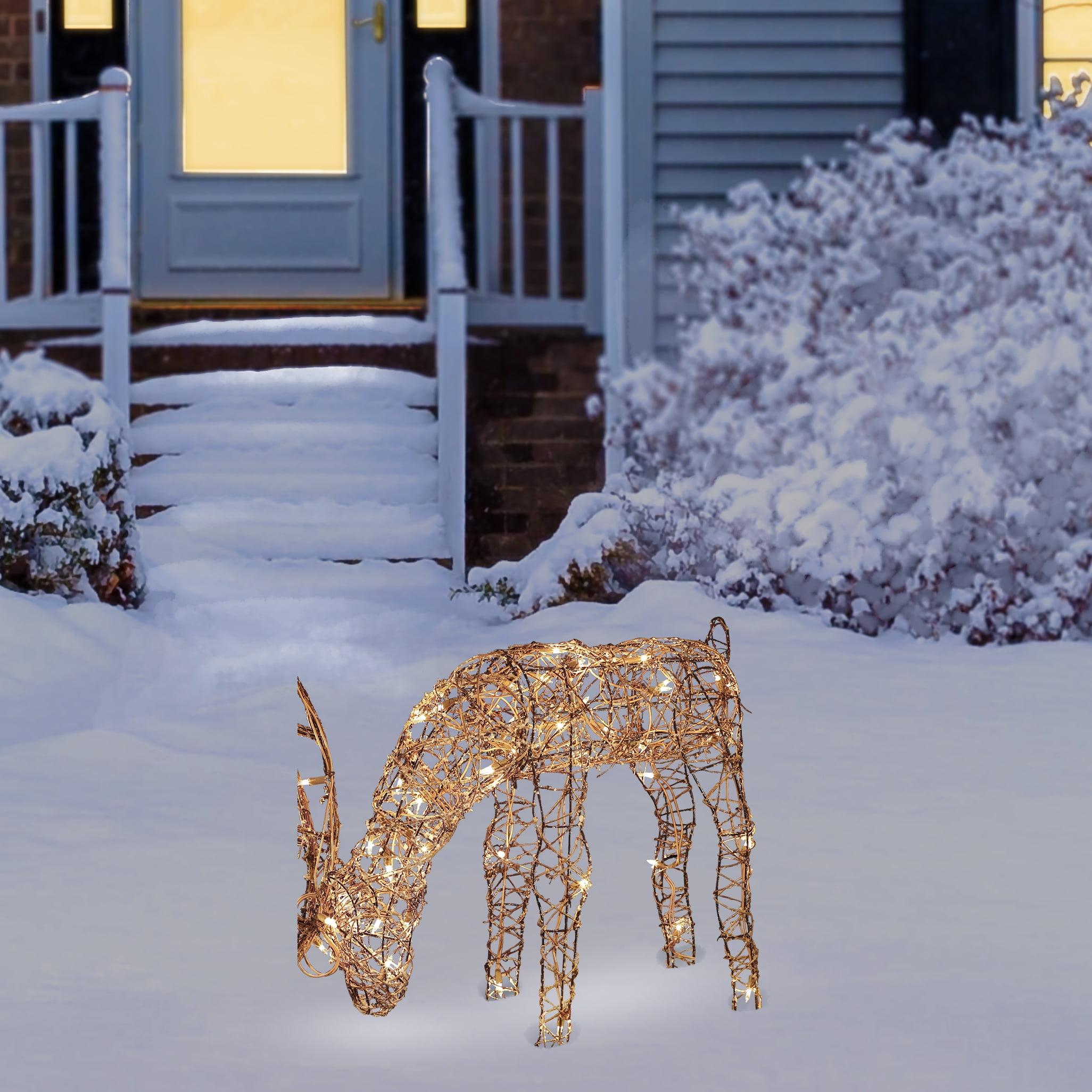 Alpine Corporation 29" x 7" x 24" Light up Iron Rattan Grazing Reindeer Statue, Brown