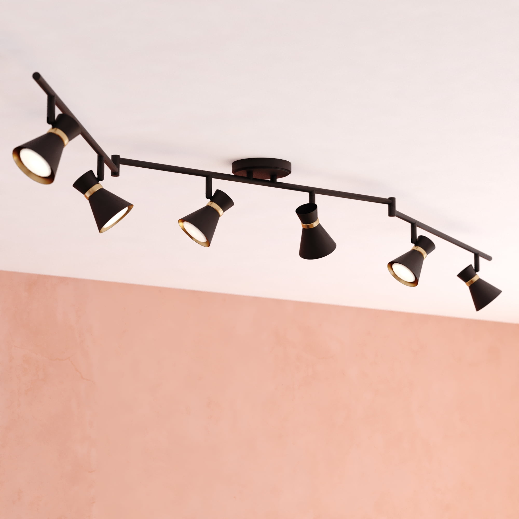 Alto 6 Light LED Matte Black with Gold Satin Brass Accents Mid-Century Modern Swing Arm Directional Ceiling Spot Fixture with Metal Shades