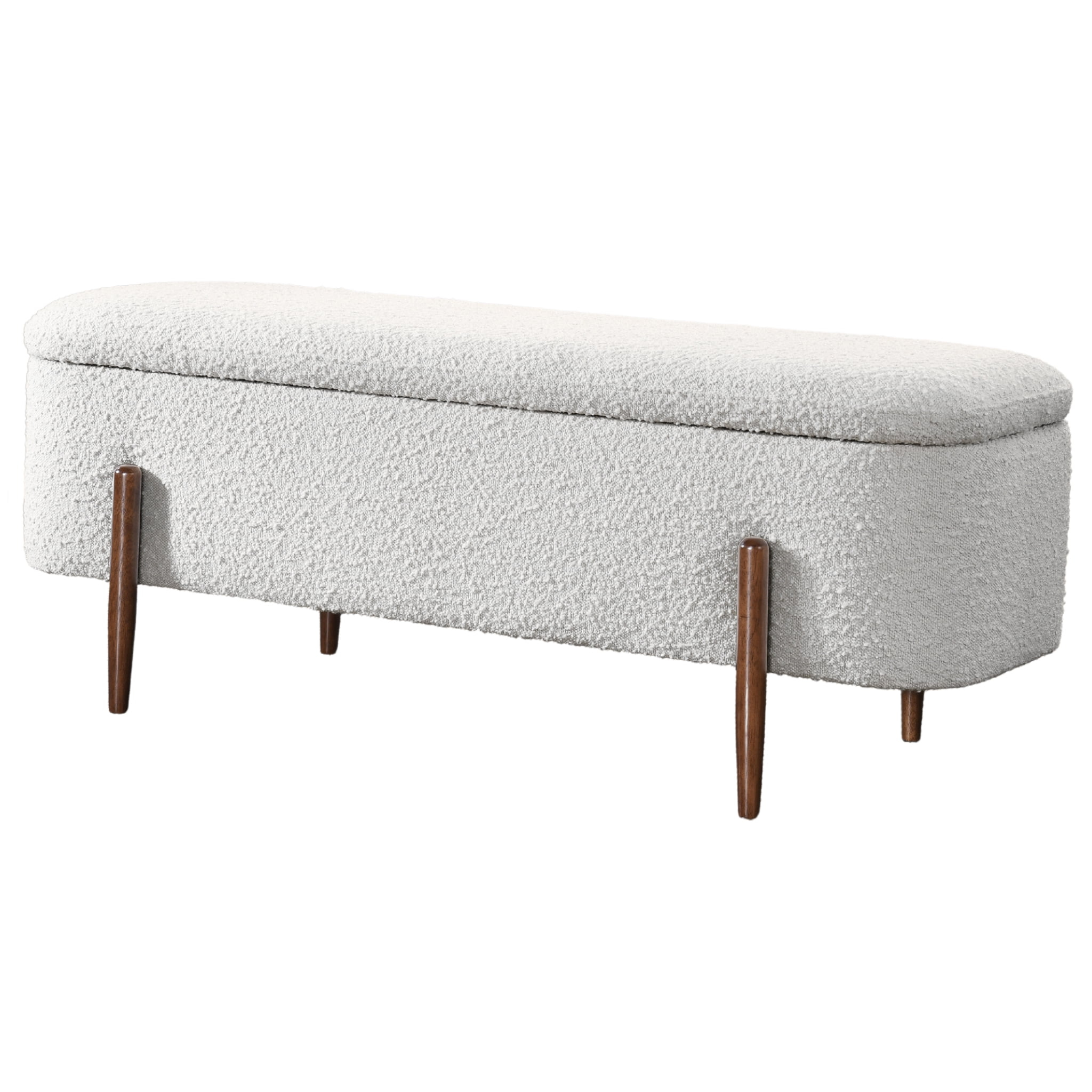 Alya Mid-Century Japandi Ivory Boucle Fabric Upholstered Storage Ottoman Bench