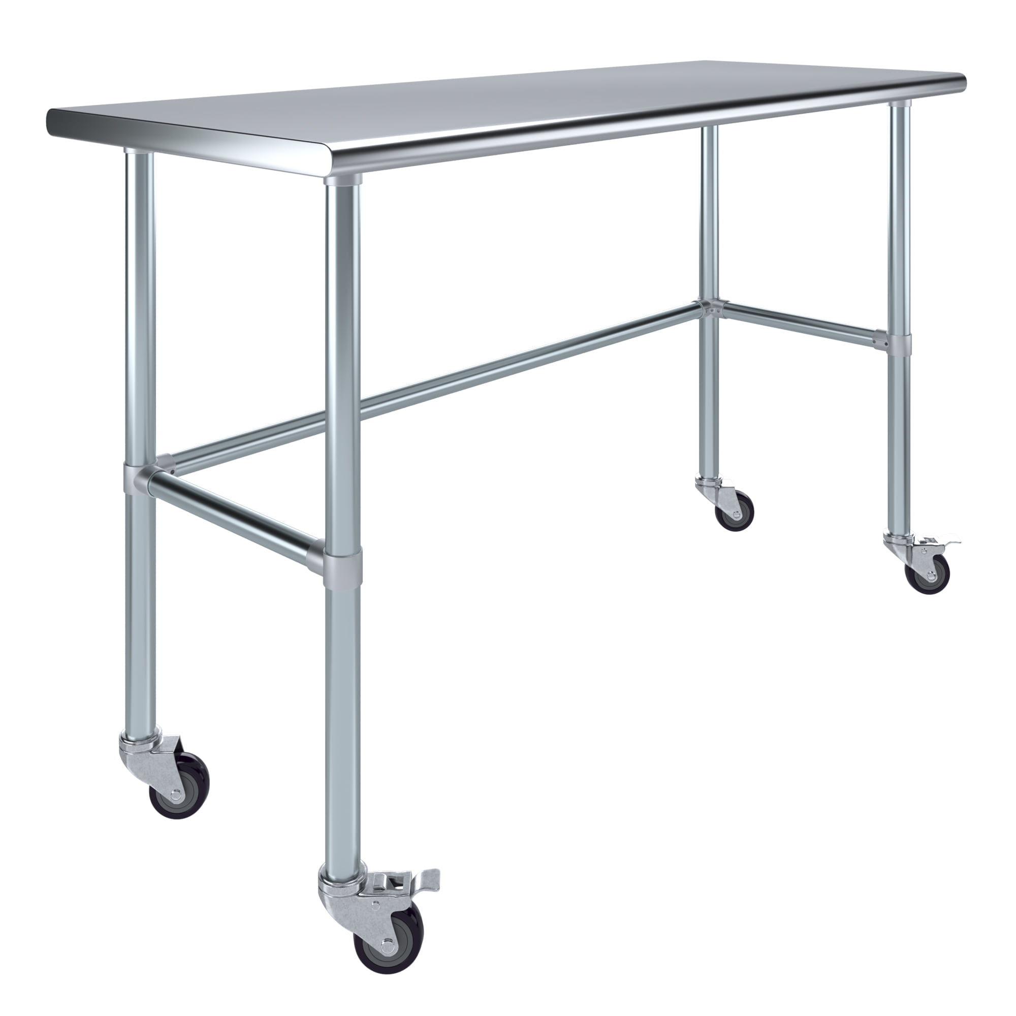 AmGood 60" Long x 24" Deep Stainless Steel Work Table With Open Base and Wheels | Mobile Metal Table
