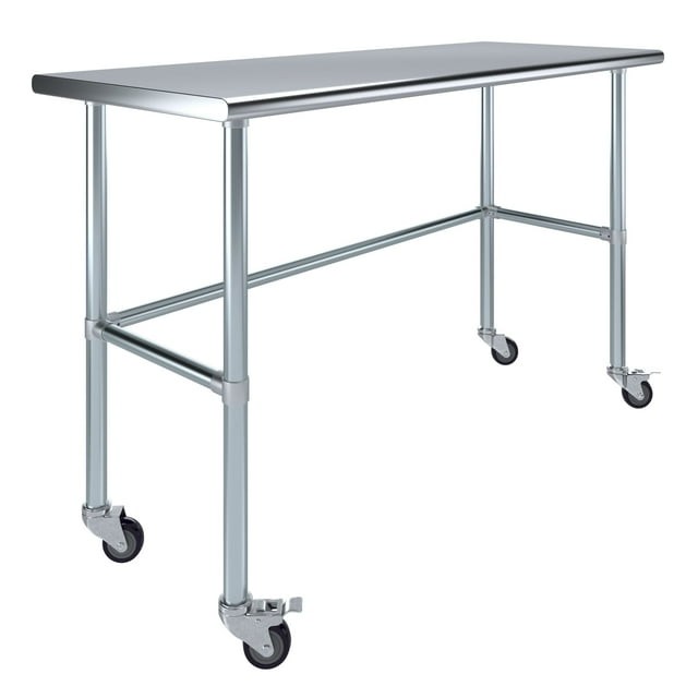 AmGood 60" Long x 24" Deep Stainless Steel Work Table With Open Base and Wheels | Mobile Metal Table