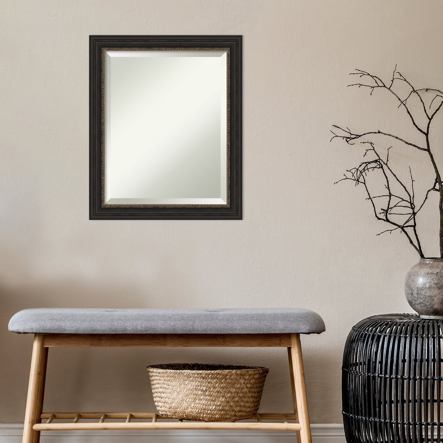 Amanti Art Beveled Bathroom Wall Mirror - Accent Bronze Narrow Frame Outer Size: 20 x 24 in