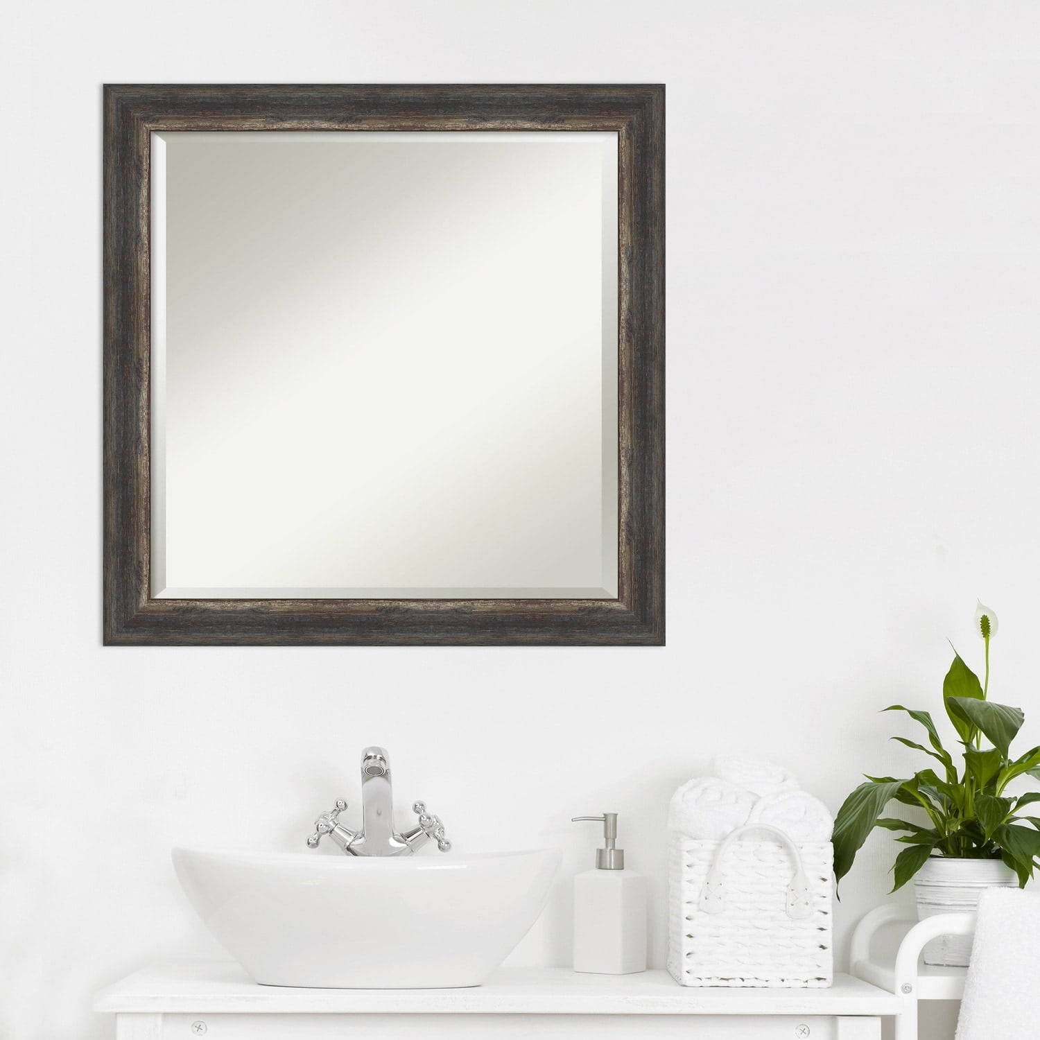 Amanti Art Beveled Bathroom Wall Mirror - Bark Rustic Char Frame Bark Rustic Char Narrow Outer Size: 23 x 23 in Silver, Brown, Black