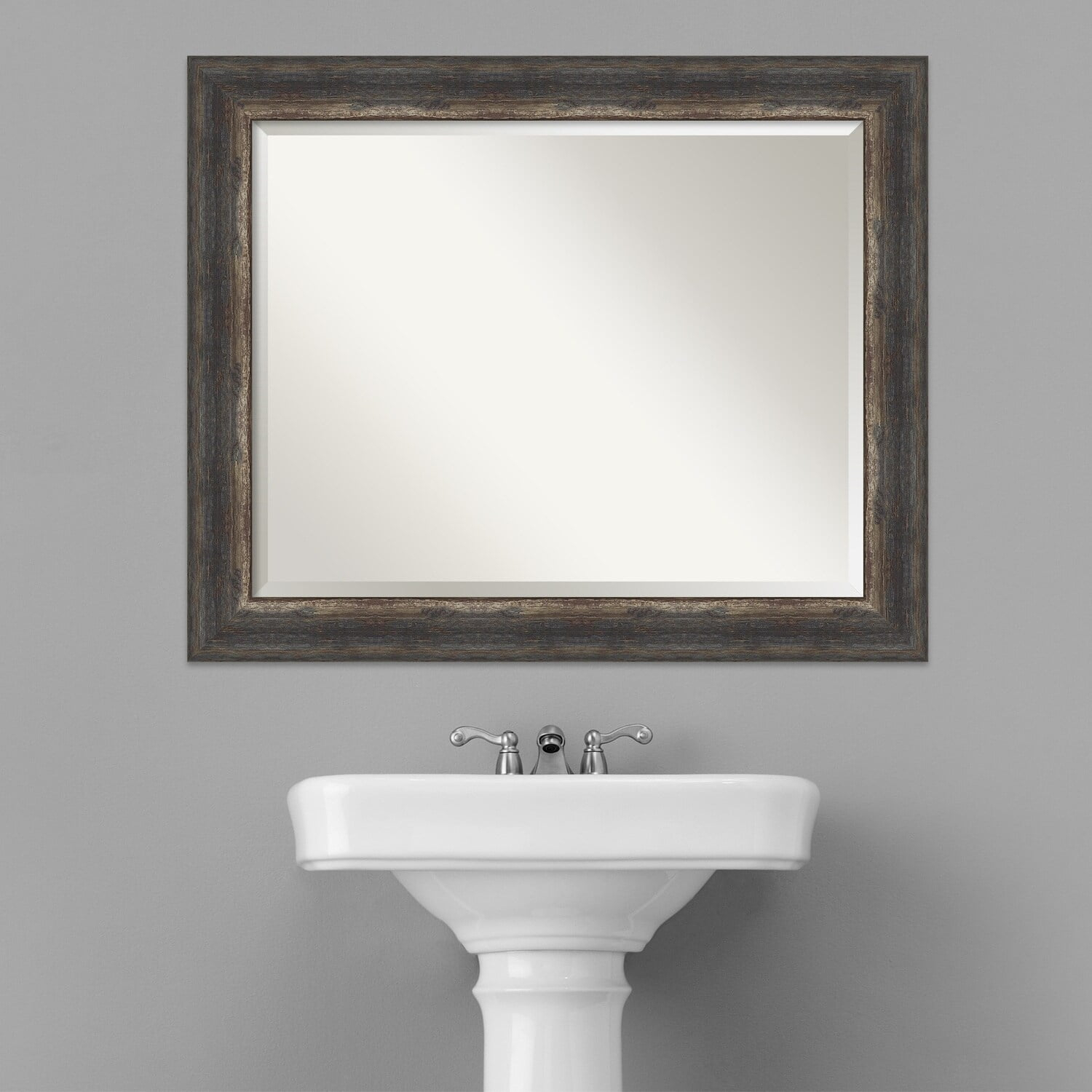 Amanti Art Beveled Bathroom Wall Mirror - Bark Rustic Char Frame Bark Rustic Char Outer Size: 33 x 27 in Silver, Brown, Black