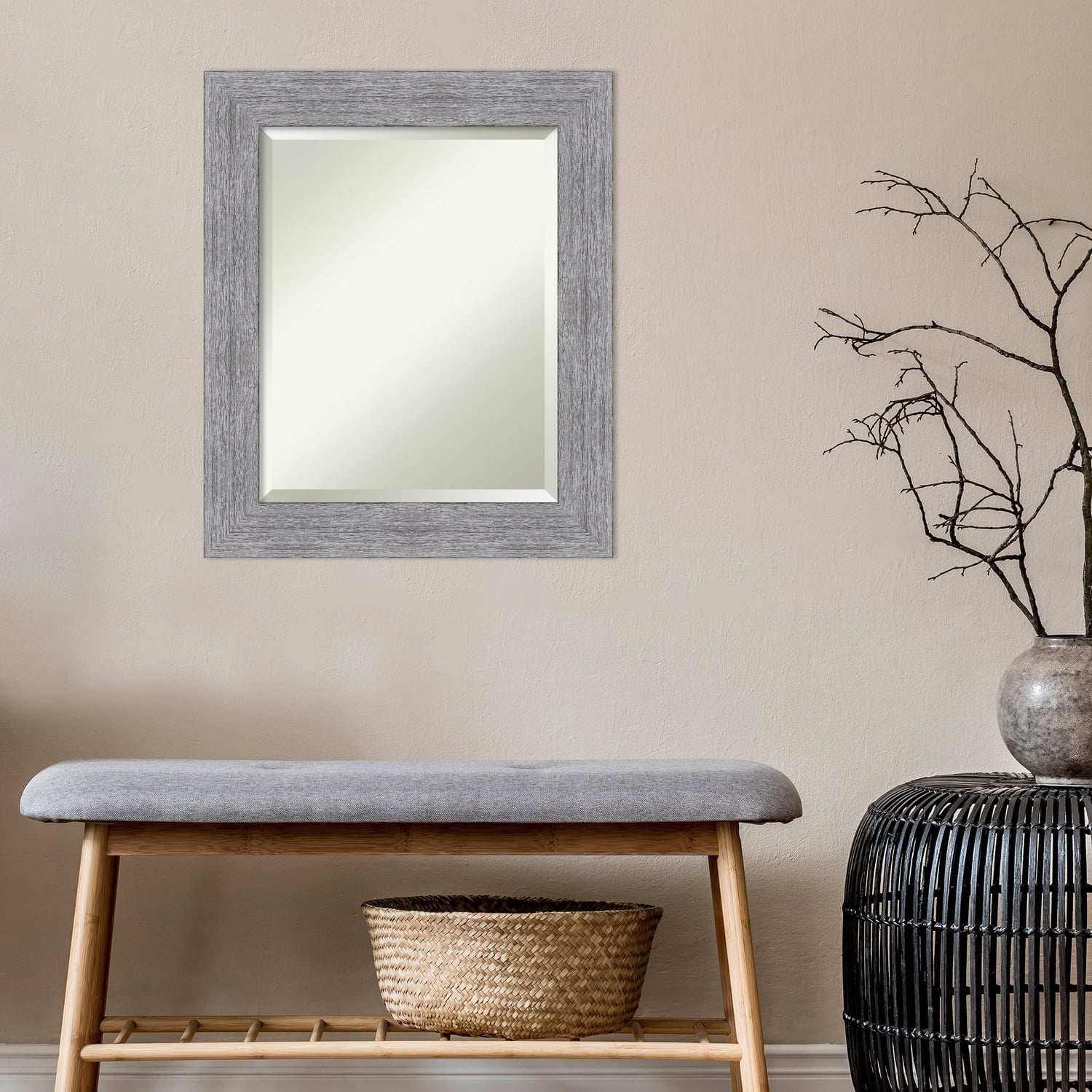 Amanti Art Beveled Bathroom Wall Mirror - Bark Rustic Char Frame Bark Rustic Grey Outer Size: 21 x 25 in Silver, Brown, Grey