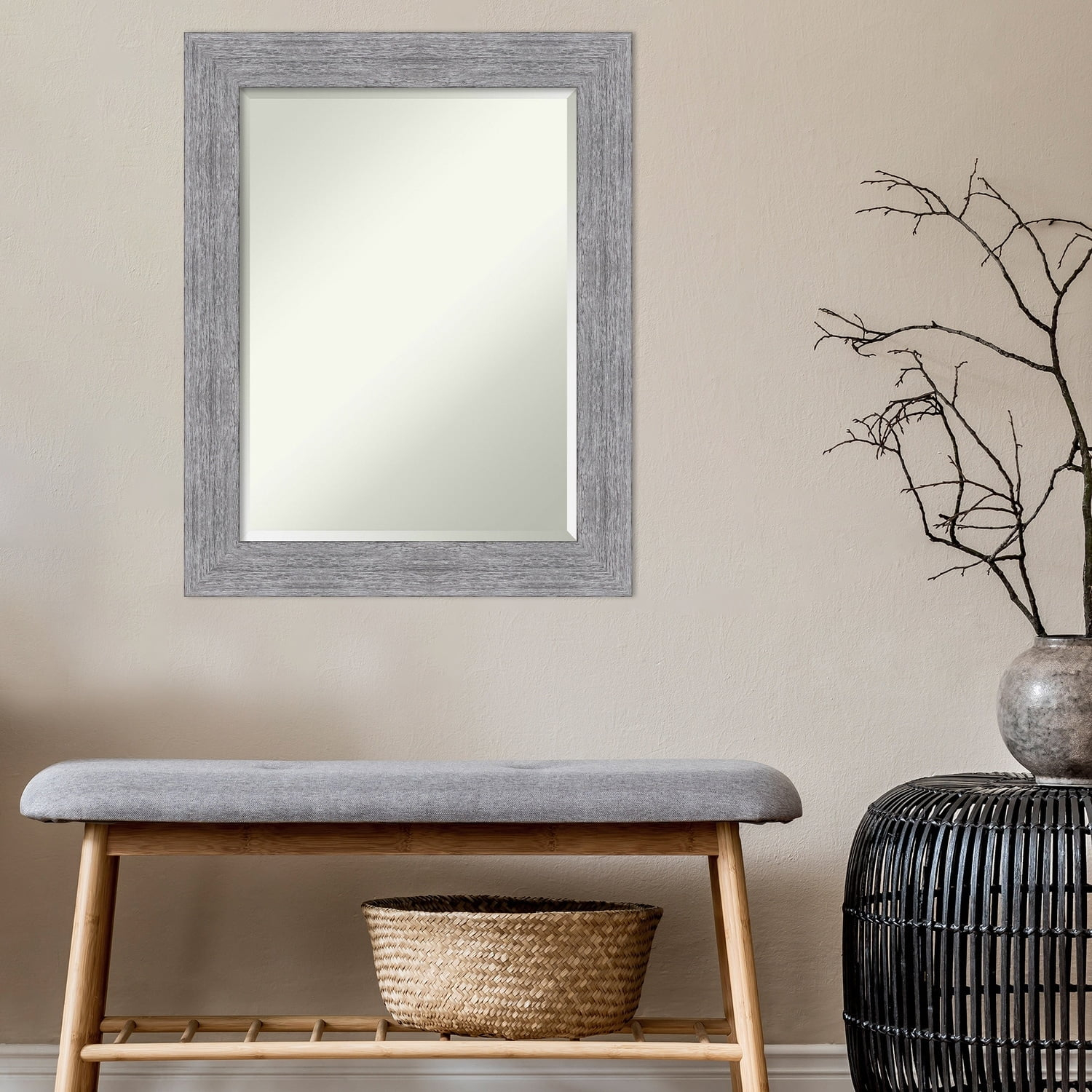 Amanti Art Beveled Bathroom Wall Mirror - Bark Rustic Char Frame Bark Rustic Grey Outer Size: 23 x 29 in Silver, Brown, Grey
