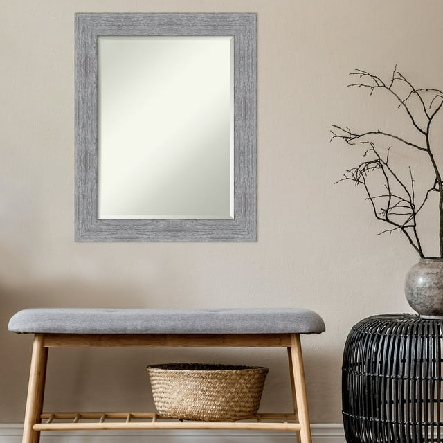 Amanti Art Beveled Bathroom Wall Mirror - Bark Rustic Char Frame Bark Rustic Grey Outer Size: 23 x 29 in Silver, Brown, Grey