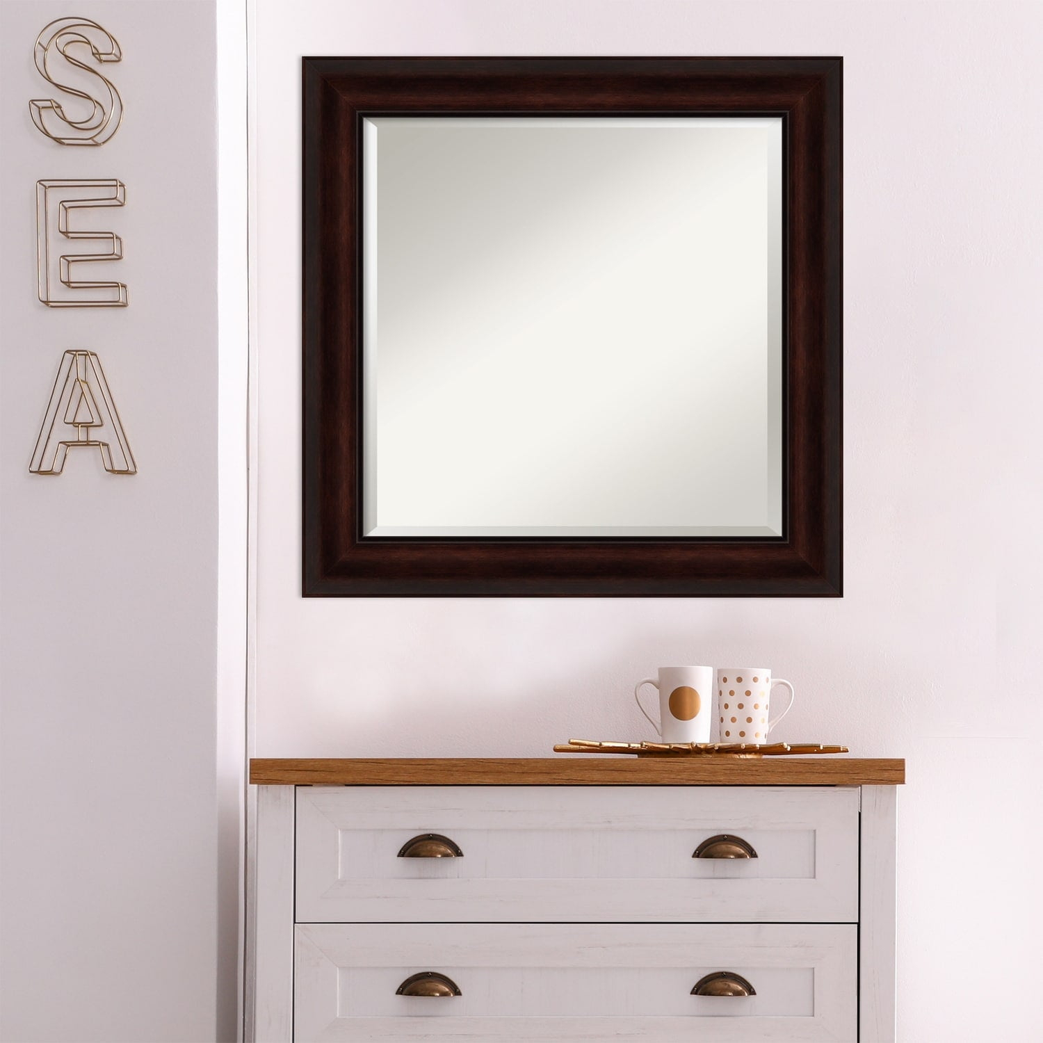 Amanti Art Beveled Bathroom Wall Mirror - Coffee Bean Brown Frame - Coffee Bean Brown Outer Size: 25 x 25 in