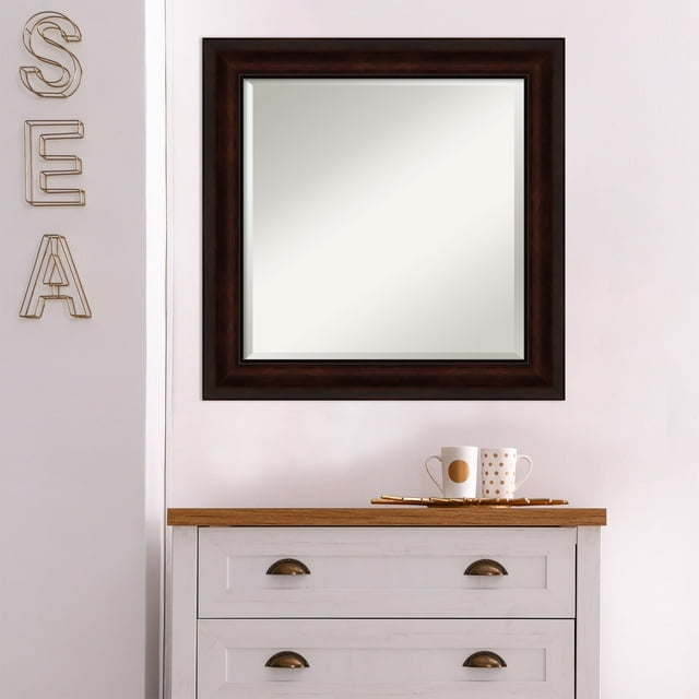Amanti Art Beveled Bathroom Wall Mirror - Coffee Bean Brown Frame - Coffee Bean Brown Outer Size: 25 x 25 in