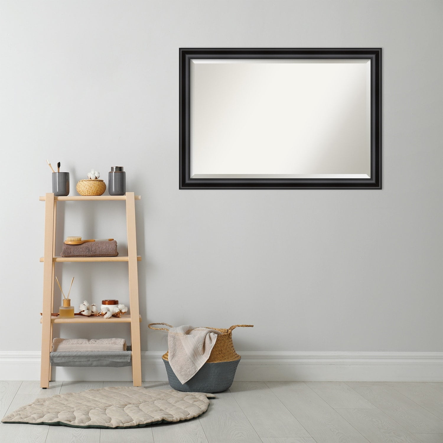 Amanti Art Beveled Bathroom Wall Mirror - Grand Black Narrow Frame Outer Size: 40 x 28 in